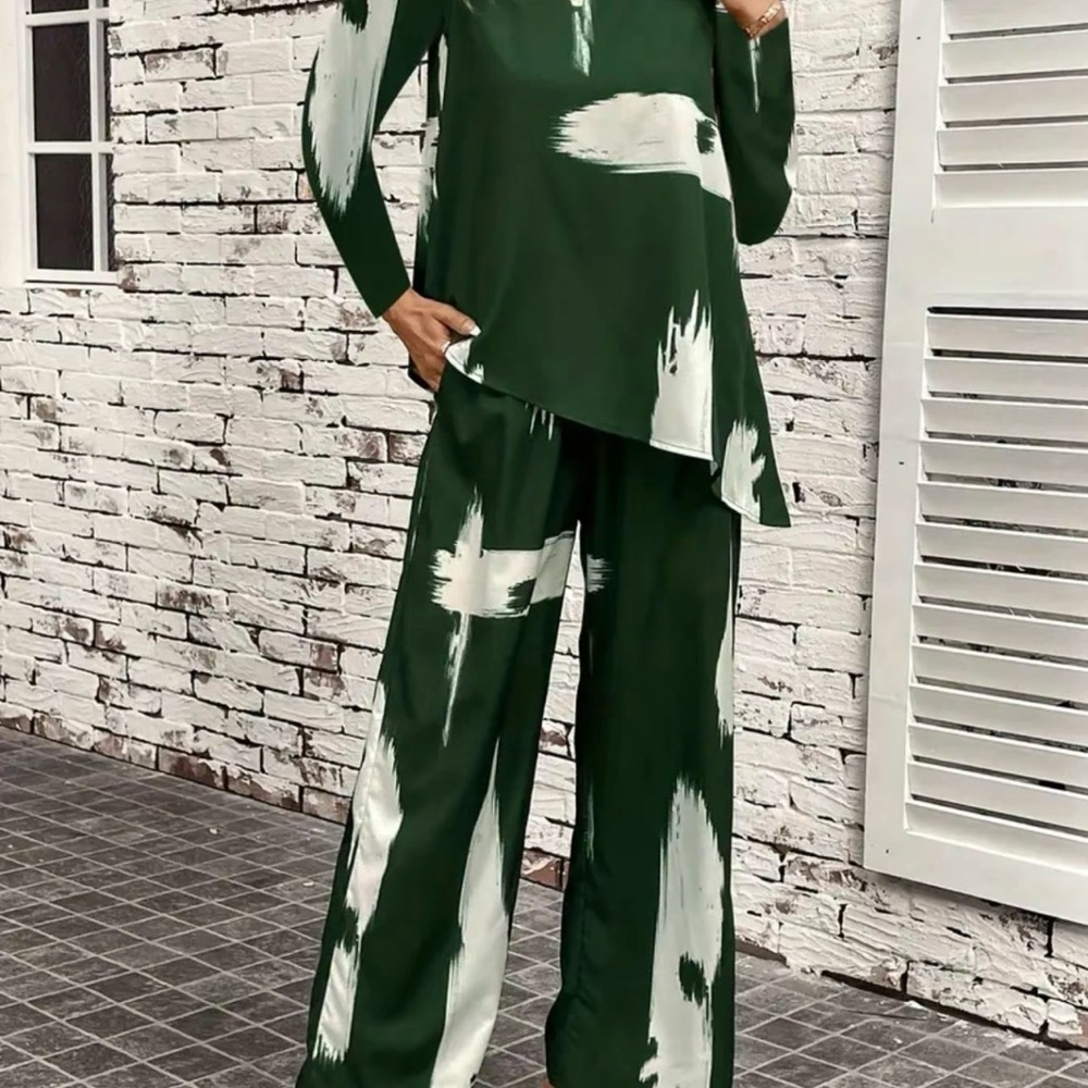 Abstract Green and White Wide Leg Jumpsuit